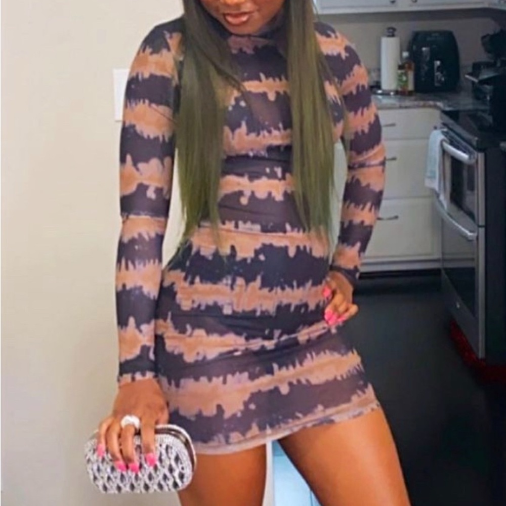 Fashion Nova Black and Tan Sheer Tie-Dye Mini Dress